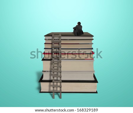 Businessman sitting on top of stack books with wooden ladder in green background