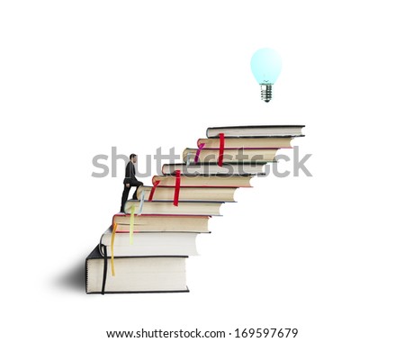 Businessman climbing on stack of books with growing bulb in white background