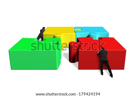 Two man assembling puzzles in white background