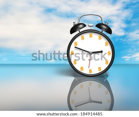 Money face clock on glass table sky background