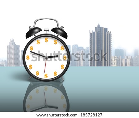 Money face alarm clock on glass table in office