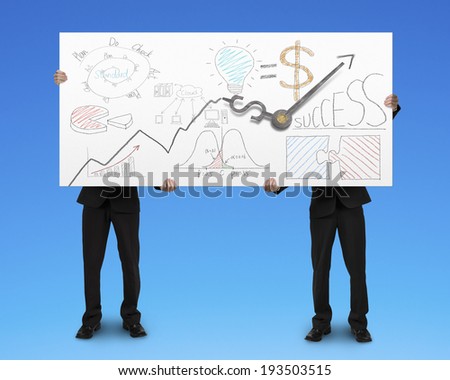 Two men standing and holding board with business doodles and clock hands