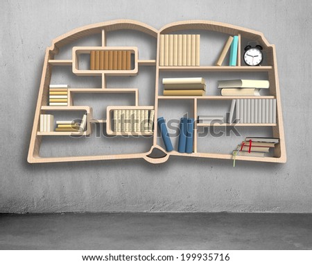 Book shape bookshelf with books on concrete wall
