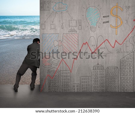 businessman push doodles concrete wall away with beach