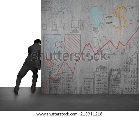 businessman pushing doodles concrete wall away on white background