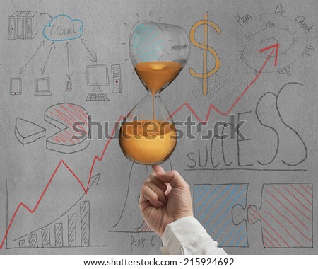forefinger balancing sand clock on doodles wall background