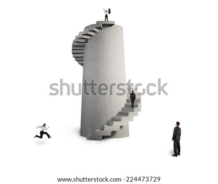 businessman watching men with concrete spiral staircase tower isolated on white