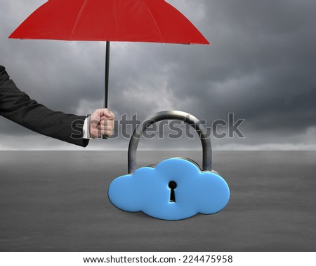 umbrella protect sky blue cloud lock on gray cloudy background