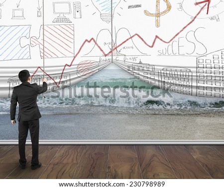 businessman pull open business doodles curtain discovered nature sea beach on wooden floor