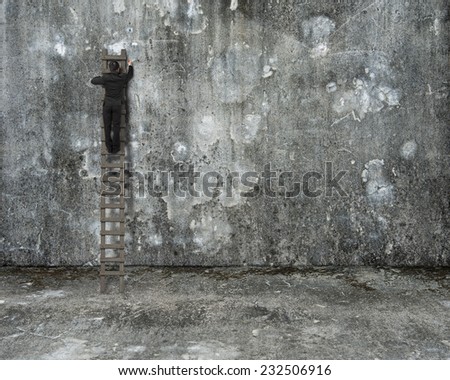 businessman hold red chalk and climb on ladder to draw on old mottled concrete wall and floor background