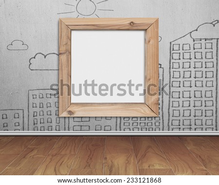 wooden frame blank whiteboard with sun clouds buildings doodles on concrete wall and wood floor background