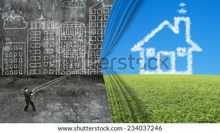businessman pull house shape cloud curtain covered old dirty cityscape doodles concrete wall background