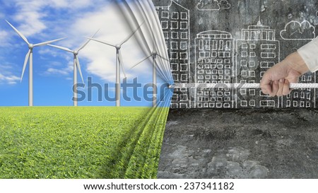 hand pulling open wind turbines curtain covering gray cityscape doodles concrete wall background, environmental protection and alternative energy concept