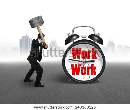 businessman hand using sledgehammer hitting work clock with broken glass on concrete floor and cityscape background