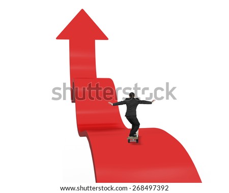 Businessman skateboarding on red arrow pointing up with white background