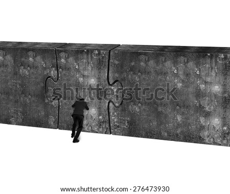 Businessman pushing huge puzzle door of concrete wall isolated on white background