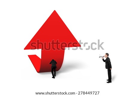 Boss using speaker yelling at staff pushing red trend 3D arrow upward, isolated on white background