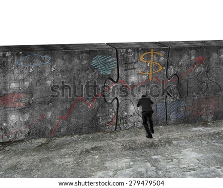 Businessman pushing huge puzzle door of concrete wall with business concept doodles, isolated on white background