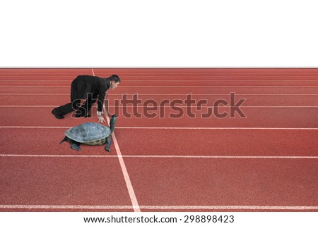 Businessman and turtle are ready to race on running track, isolated on white background. Turtle race competing metaphor concept.