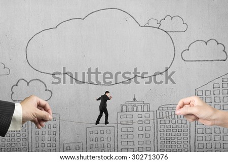 Businessman balancing on tightrope with man and woman hands holding two sides, on doodles concrete wall background.
