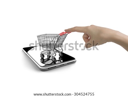 Woman forefinger pushing small shopping cart on smartphone of white screen, isolated on white, on line shopping concept.