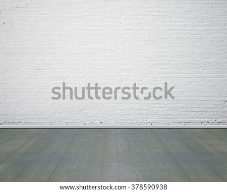 White brick wall with vintage wooden floor indoor, nobody, empty