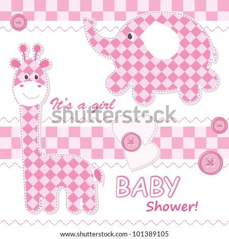 Baby girl announcement card with cartoon animals