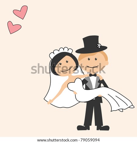 stock vector Wedding invitation with dancing funny bride and groom