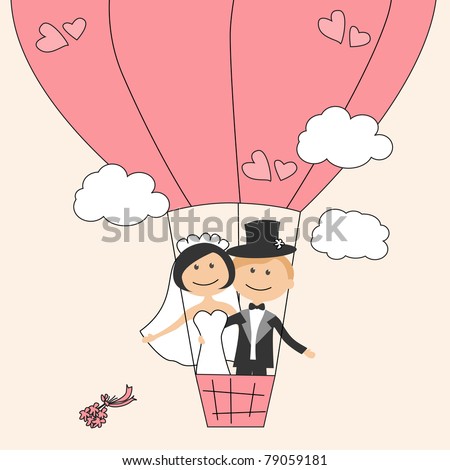 stock vector Wedding invitation with dancing funny bride and groom on air 