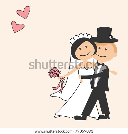 stock vector Wedding invitation with dancing funny bride and groom