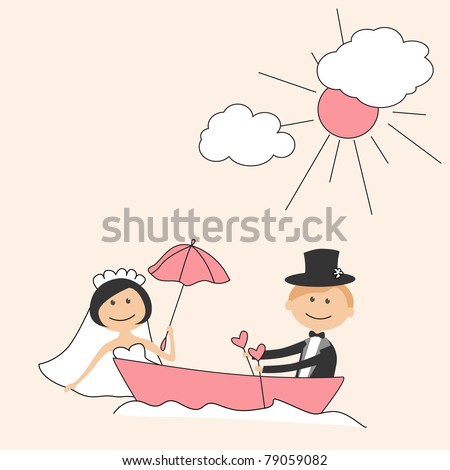 stock vector Wedding invitation with funny bride and groom in boat