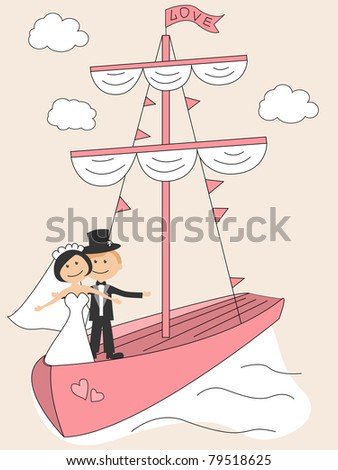 stock vector Wedding invitation with funny bride and groom in sailfish