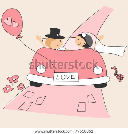 stock vector Wedding invitation with funny bride and groom on car driving 
