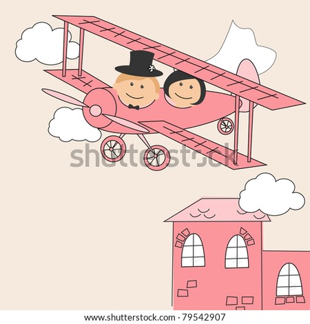 stock vector Wedding invitation with funny bride and groom on airplane