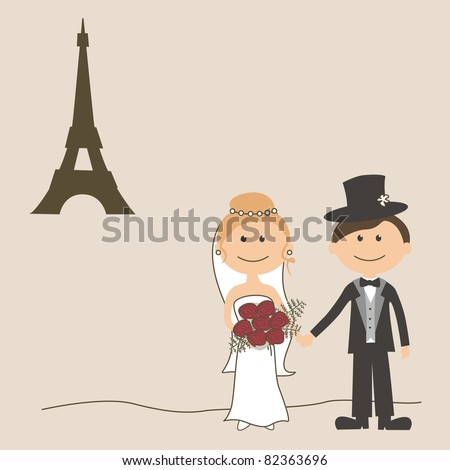 stock vector Wedding invitation card with funny bride and groom and Eiffel 