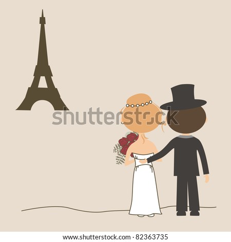 stock vector Wedding invitation card with funny bride and groom and Eiffel