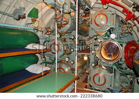 The interior of the submarine, torpedo tubes