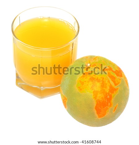 Orange juice and orange in the form of the globe. Isolated object.