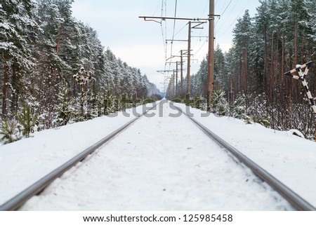 Empty railroad in winter forest perspective background