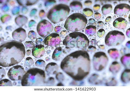 Macro photo of colorful soap bubbles on the water