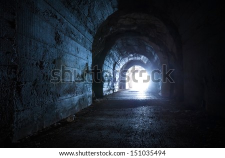 Blue Glowing Exit From Dark Abandoned Tunnel