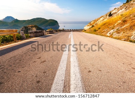 Double dividing line on the coastal mountain highway in Montenegro