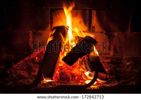 Natural photo background with fire in dark fireplace