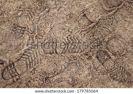 Frozen road dirt with footprints. Background texture