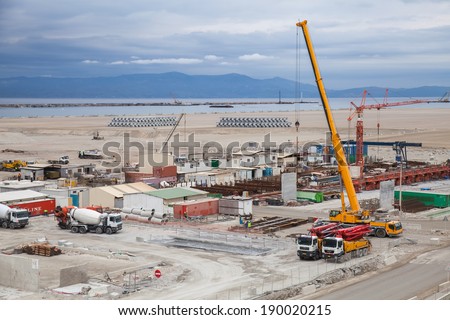 TANGIER, MOROCCO - MARCH 28, 2014: New terminals area under construction in Port Tanger-Med 2. The Tangier-Med Project will contain the biggest port in Africa