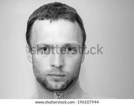 Young Caucasian Man, closeup black and white portrait