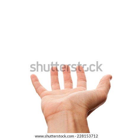 Right male hand with empty place for holding something, isolated on white photo with selective focus