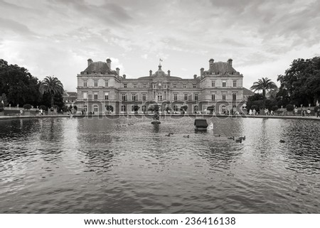 Paris, France - August 10, 2014: Luxembourg Palace and the pond in Luxembourg Garden, Paris