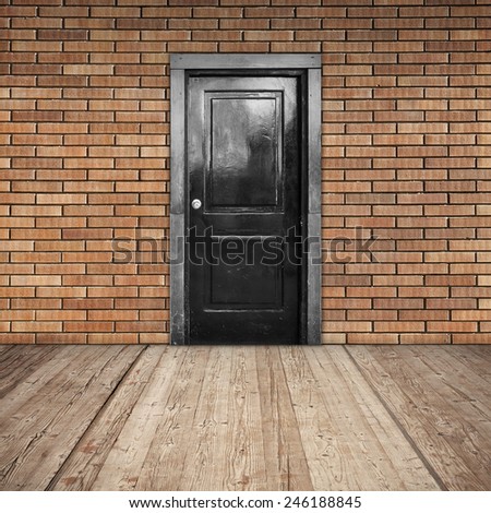 Red brick wall, black door and wooden floor, abstract empty interior background