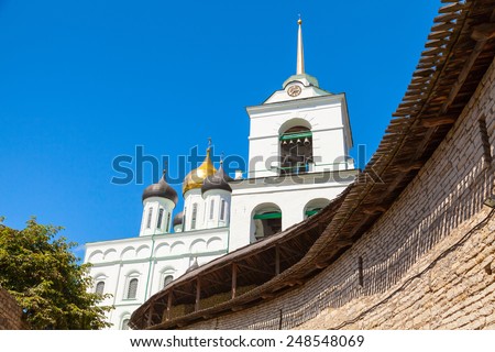 Classical Russian ancient religious architecture example. Trinity Cathedral located since 1589 in Pskov Kremlin. Orthodox Church